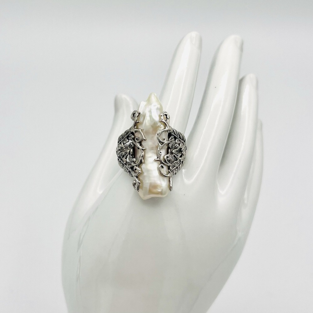 CFJ THAI Sterling Silver Ring 925 Blister Pearl Floral Leaf Size 9.75 Statement